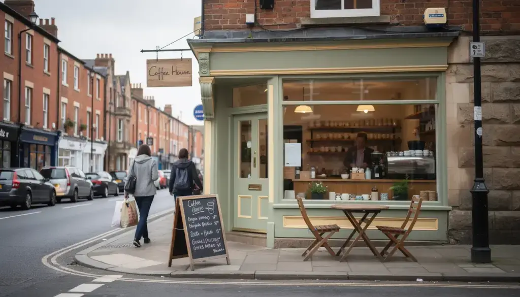 Quaint café on a busy street.