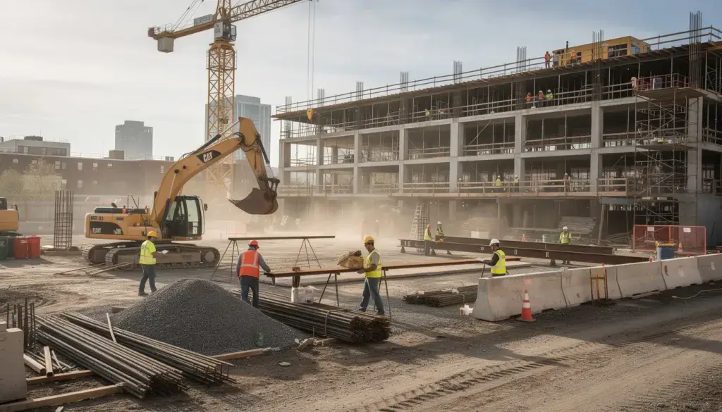 Construction site with workers and machinery
